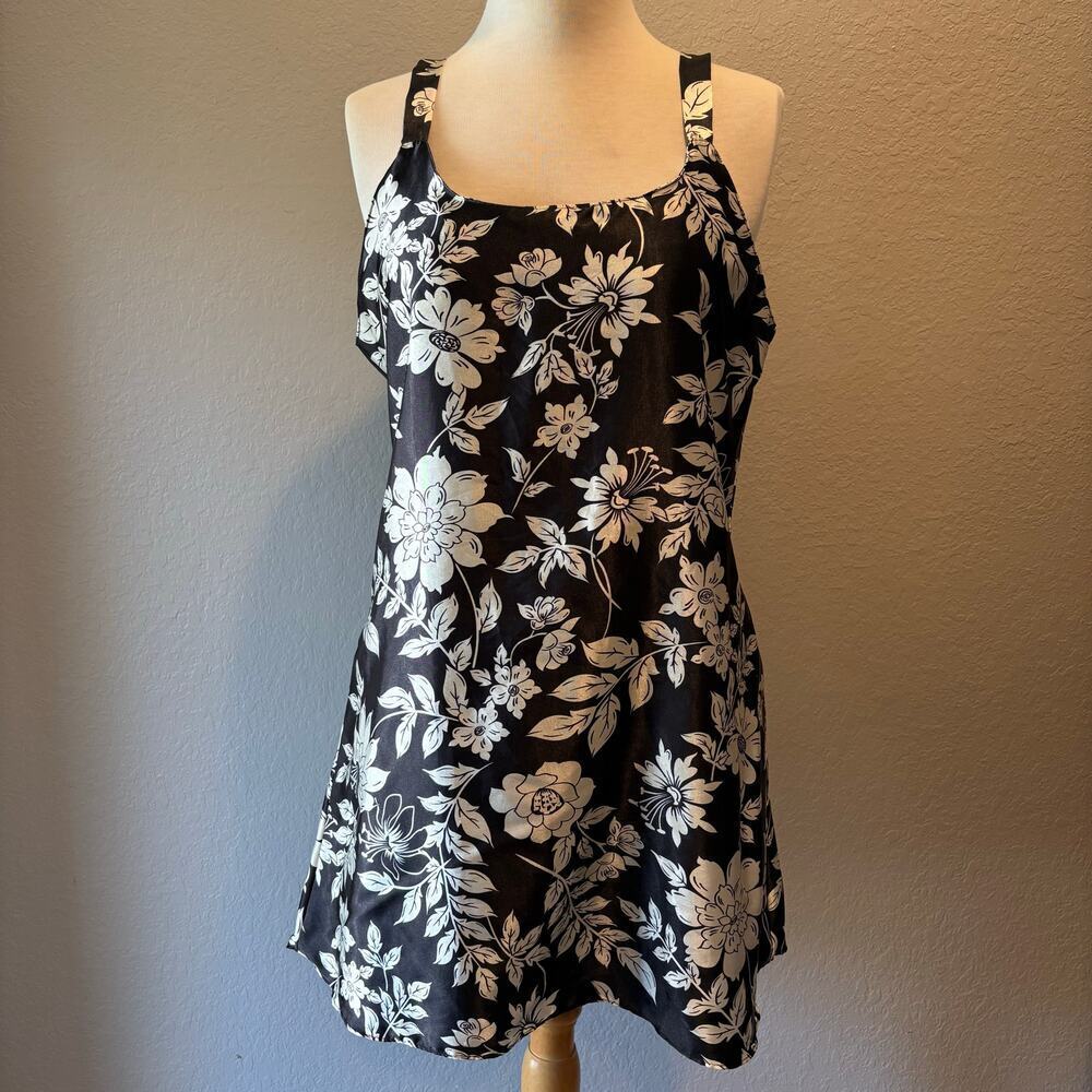 VINTAGE SANTI CLASSICS Teddy Nightgown Floral Satin Blk/Wht SzL Babydoll Chemise